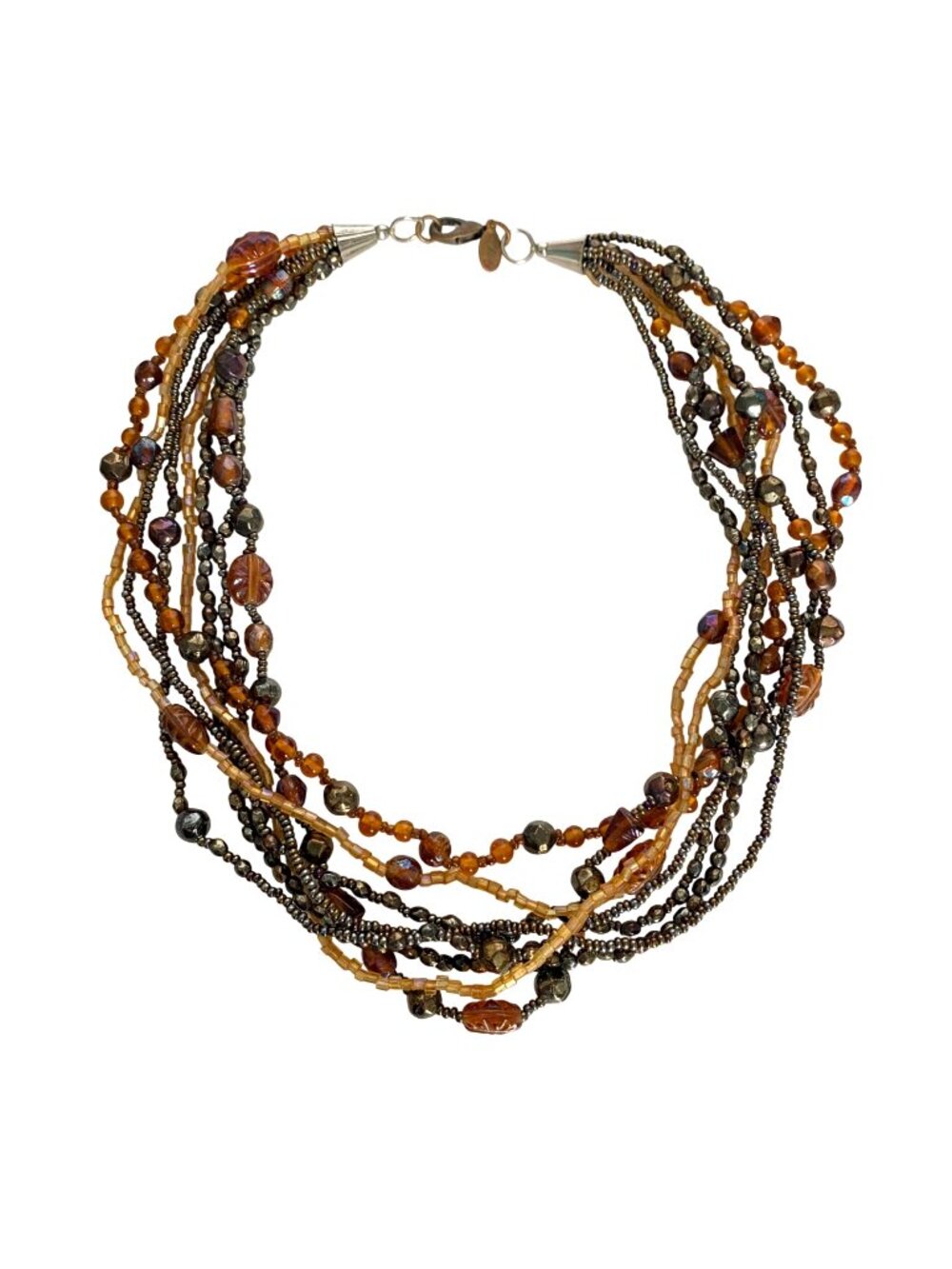 Chicos Multi Strand Brown Amber Bronze Glass Bead Necklace 17in Vintage
